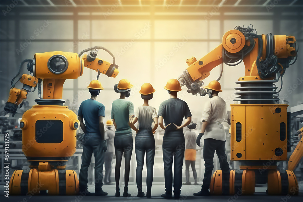 Aufkleber relationship between humans and robots in an industrial building. Robotic machines work while workers monitor and direct. Generative ai