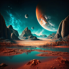 Generated by AI, The scenery of an alien planet in deep space is an extraterrestrial landscape.