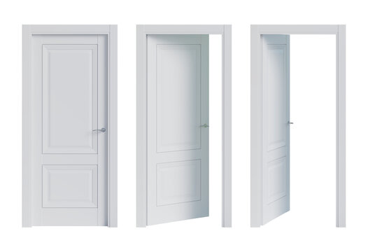 Set of three opening options of isolated white wooden doors. The door closed, the door open 35°, door open 70°. Front view. 3d render