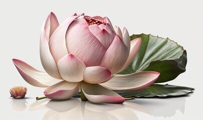  a pink flower with green leaves on a white background with a reflection.  generative ai