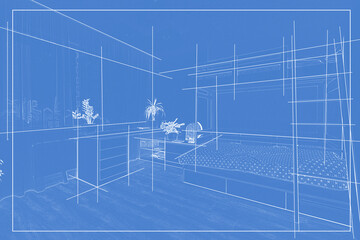Linear sketch of an interior. Hand drawn illustration of a sketch style.