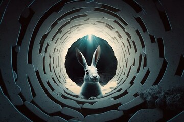 A white rabbit looks into its burrow hole to see how deep it is .Ai generated. - obrazy, fototapety, plakaty