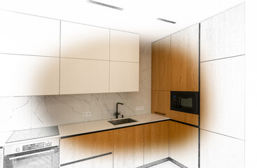 Stylish kitchen interior with modern furniture. Combination of photo and sketch.