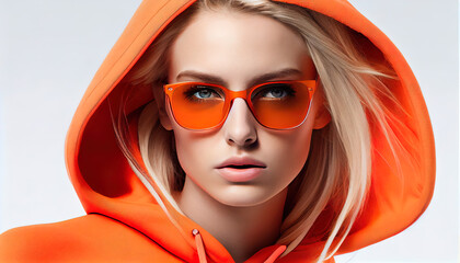 Confident teen fashion model in orange hoodie, Generative AI 