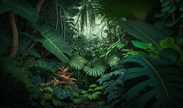 A hyper-realistic photo of a lush and rich tropical thicket. Generated By AI