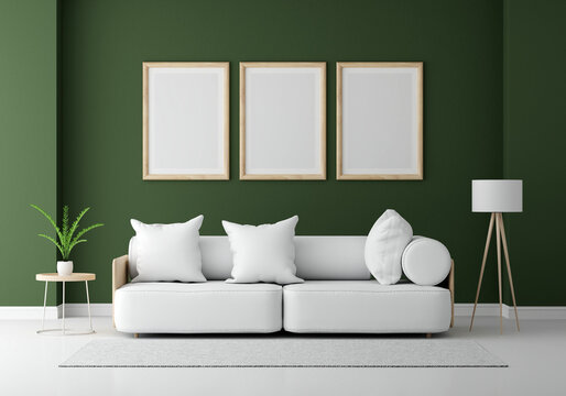 Gray sofa in green living room with frame mock up, 3D rendering