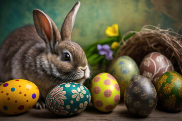 Fototapeta na wymiar Cute Easter brown bunny with many colorful Easter eggs. Realistic illustration of fluffy rabbit among decorated painted Easter eggs. Generative Ai.