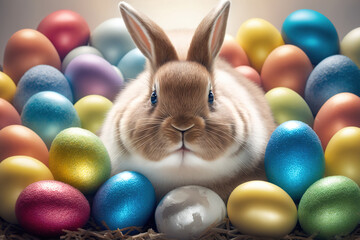 Fototapeta na wymiar Cute Easter bunny with many colorful easter eggs. Realistic illustration of fluffy rabbit among multi-colored painted Easter eggs. Generative Ai.