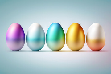 Row of five Easter Eggs on blue background. Realistic illustration of multicolor gradient Easter Eggs. Generative Ai.