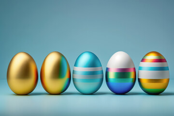 Gold and Blue striped Easter Eggs in a row on a blue background. Realistic illustration of a set of five brilliant luxury Easter Eggs. Generative Ai.