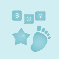 Baby shower banner with foot, star and text Boy on blue background. It s a boy.