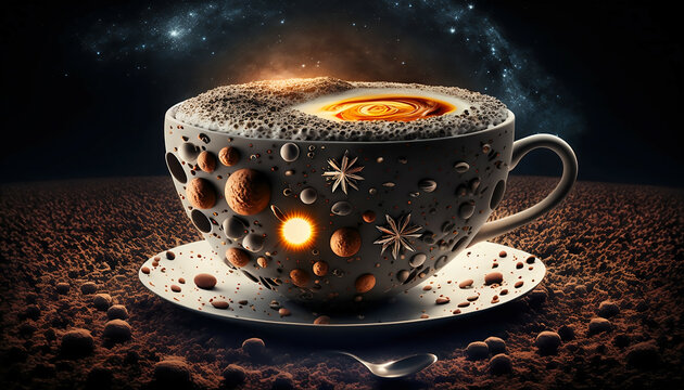 Space cup of coffee on a dark background new quality universal colorful technology stock image illustration design, generative ai