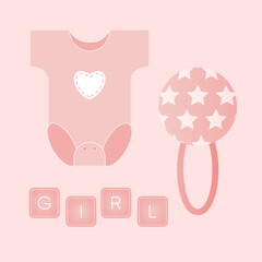 Baby shower banner with dress, rattle and text Girl on pink background. It s a girl.
