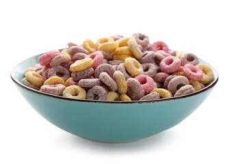 Naklejka na ściany i meble Bowl of colorful cereal rings isolated on white background