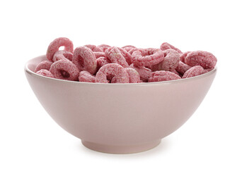 Bowl of pink cereal rings isolated on white background