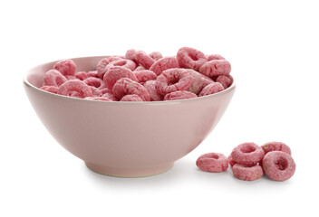 Bowl of pink cereal rings isolated on white background