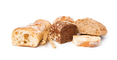 Loaves of different bread and wheat ears isolated on white background