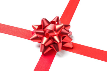 Ribbons with red bow on white background, closeup