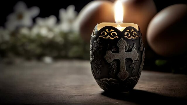 Cinemagraph of A look of the candle holder with the cross design and the easter eggs on the back