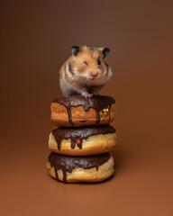 Brown Syrian Hamster sits on three chocolate donuts. Little hamster winks on donuts on a brown background. Funny shot of pets in the studio. Horizontal photo, colorful background