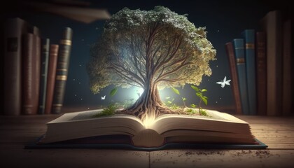 concept of education Stack of books in the library, a tree of knowledge in the opening of an old book in the library. Beautiful background