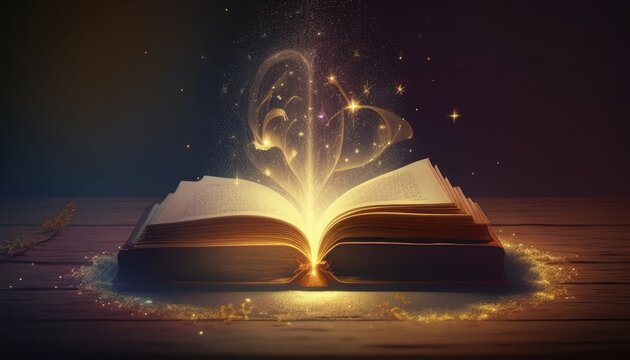 concept of education Stack of books in the library, a tree of knowledge in the opening of an old book in the library. Beautiful background