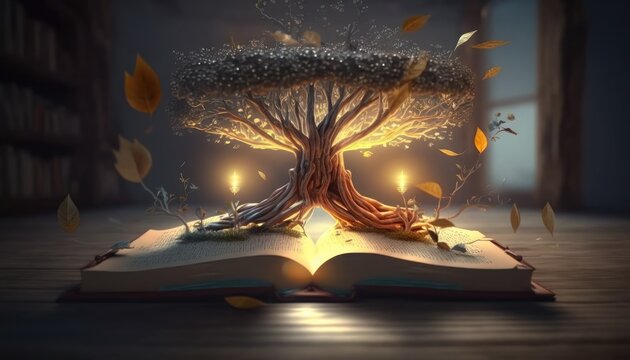 concept of education Stack of books in the library, a tree of knowledge in the opening of an old book in the library. Beautiful background