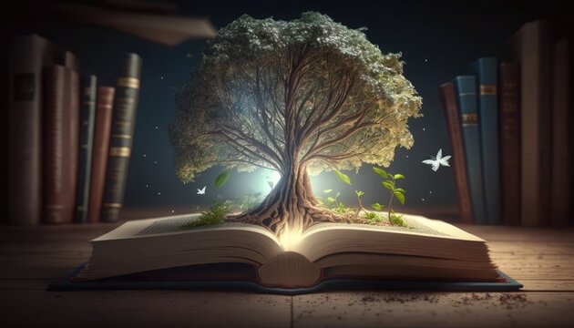 concept of education Stack of books in the library, a tree of knowledge in the opening of an old book in the library. Beautiful background