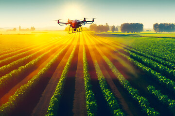 Rural drone copter flies with spraying fertilizer or treatment agent from hardeners in small spray jets over plants. Generative AI