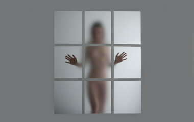 Blur naked body. Diffuse sexy woman silhouette. Blurred sexy woman body shape. Beautiful naked woman body silhouette, slim breast. Sexy woman poses boobs, tits behind the window.