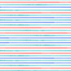 Obraz premium Light blue navy blue and coral watercolor stripe seamless pattern. Endless hand drawn background for fabric and wallpaper.