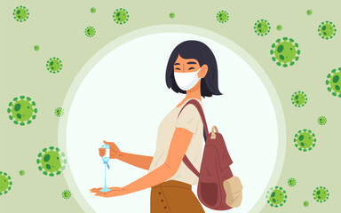 Young female wearing face mask and using sanitizer to clean both hands. Concept of self protection, contagious virus prevention. Poster information. COVID-19 infographic illustration. Flat vector .