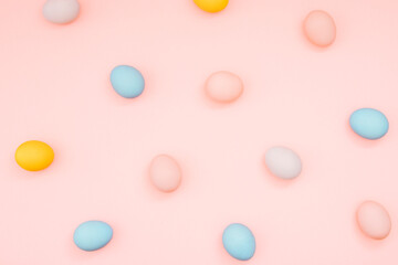 Easter eggs, pastel colors, top view. Flat lay, Easter background design