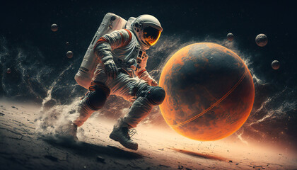 Obraz na płótnie Canvas Astronaut in the outer space plays Basketball - Abstract Spaceman wallpaper - Generative AI