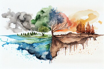 Climate change effects, watercolour style generative AI - obrazy, fototapety, plakaty
