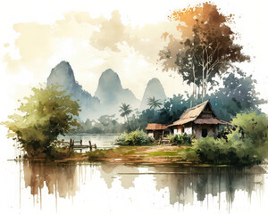 Fototapeta premium Thailandese landscape with a lake and mountains. Generative AI, watercolor 