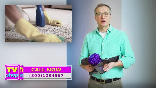 A professional salesperson convinces a customer to buy a new unique vacuum cleaner. Network advertising, TV shop, viral advertising, telemarketing, online sales, one-click sales