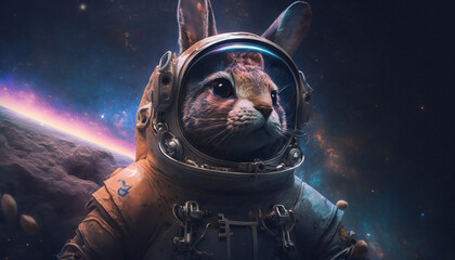 Fototapeta na wymiar Rabbit Astronaut in the outer space - Abstract Spaceman wallpaper - Generative AI