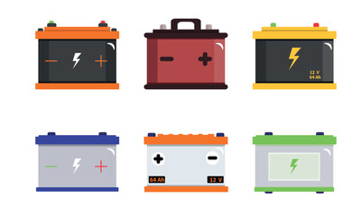 Set of colored car batteries isolated on white background. Vector illustrations of different car batteries in cartoon style. Car spare parts icons. Electric cars.