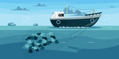 Foto op Canvas Vector illustration of a beautiful seascape with a fishing vessel and silhouettes of ships on the horizon. A cartoon sea with a ship that catches fish with a net. An industrial vessel catches fish. © MVshop