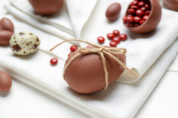 Candies and chocolate Easter egg tied with thread on white wooden background