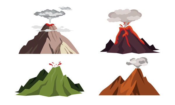 Set of beautiful volcanoes in cartoon style. Vector illustration of processes of eruptions from volcanic craters of smoke, ash, magma, lava isolated on a white background.