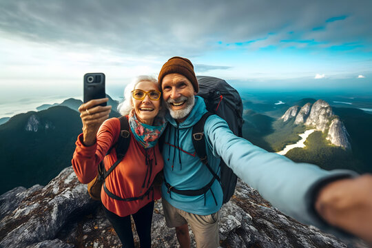 Happy smile elderly couple of hikers in the ascent to the summit take a selfie phone on the highlands landscape around. Generative AI