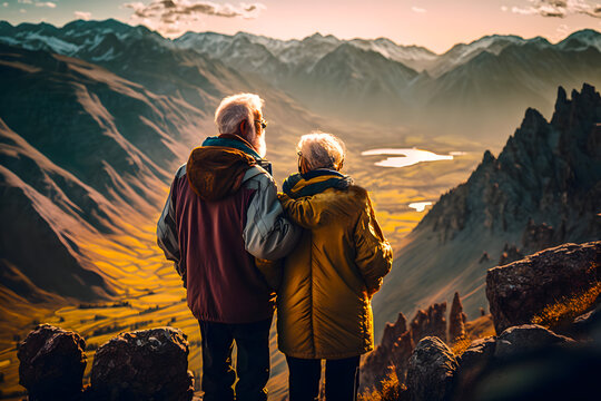 Elderly happy couple of hikers climbers on the top of the mountain admire the highlands landscape around, back view Generative AI