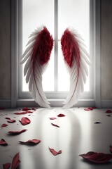 Angel wings with red rose petals on the ground. AI
