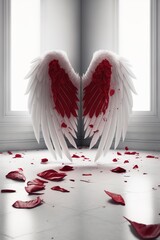 Angel wings with red rose petals on the ground. AI