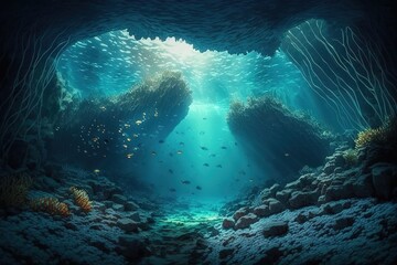 Fototapeta na wymiar Underwater world of the deep ocean. Underwater gorge. AI