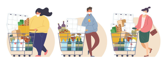 Set of people wearing mask and shopping during Covid-19 or virus pandemic. Concept of foods and supplies store up during disease epidemic. Flat vector illustration cartoon character. © Madua