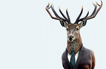 Deer with big antlers in a business suit on a white isolated background.banner. generative AI