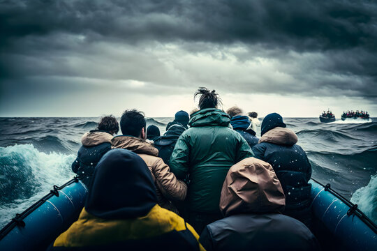 Crowd of people of illegal migrants crosses the state border across the sea in a crowded boat, a dangerous journey to another country. Generative AI